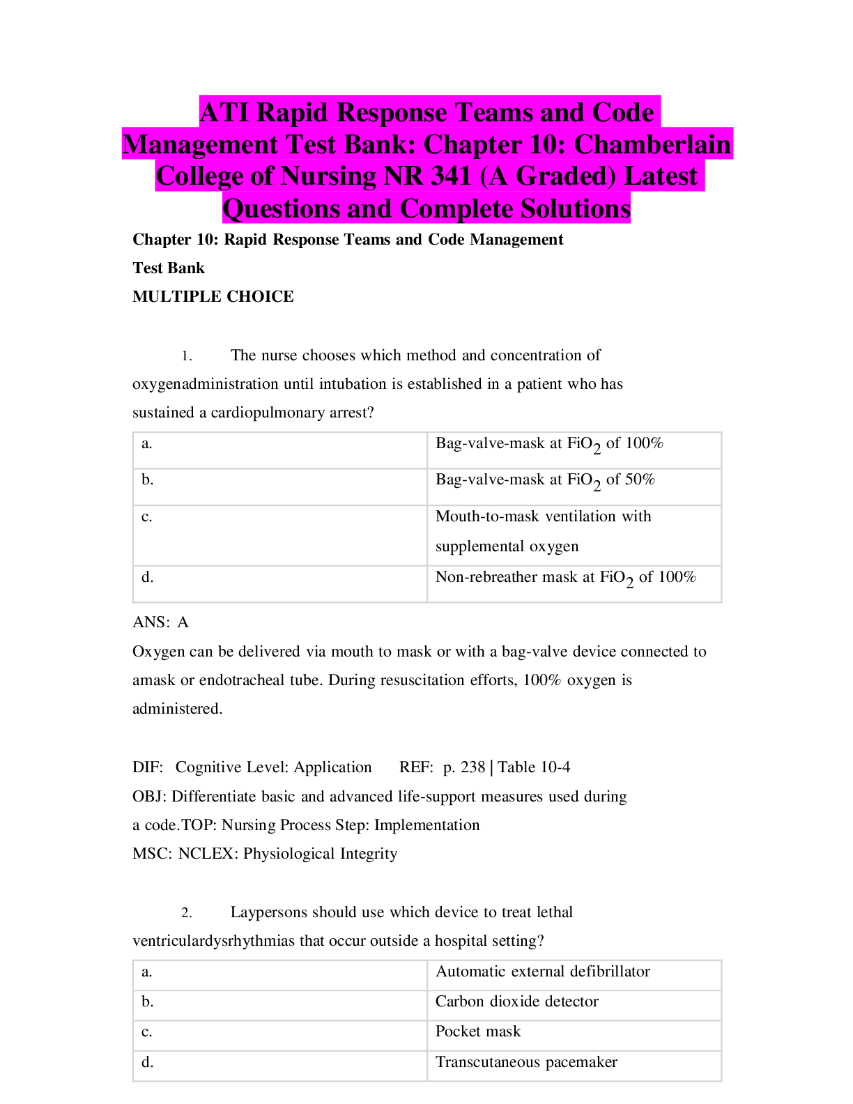 Preview image for ATI Rapid Response Teams and Code Management Test Bank Chapter 10 Chamberlain College of Nursing NR 341 (A Graded) Latest Questions and Complete Solutions